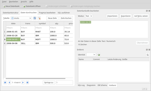 Benutzerschnittstelle von SQLite Browser